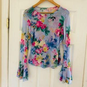 Rose and Grey Blue Floral Mesh Top with Ruffled Sleeves